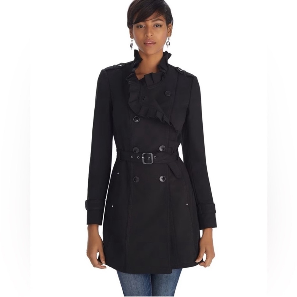 White House Black Market WHBM Black Ruffle Trench Coat Jacket -  Size XXS